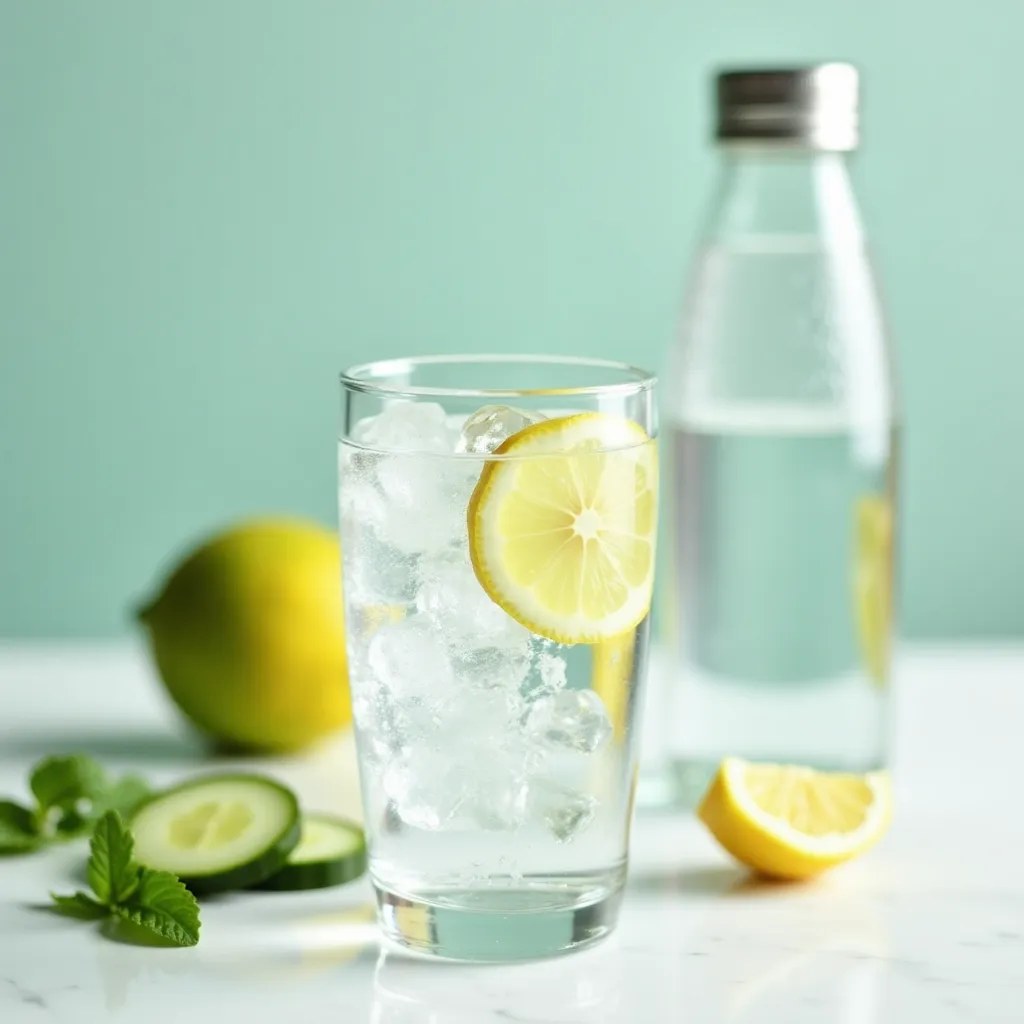 Sticlă de apă, fructe și pahar cu apă proaspătă