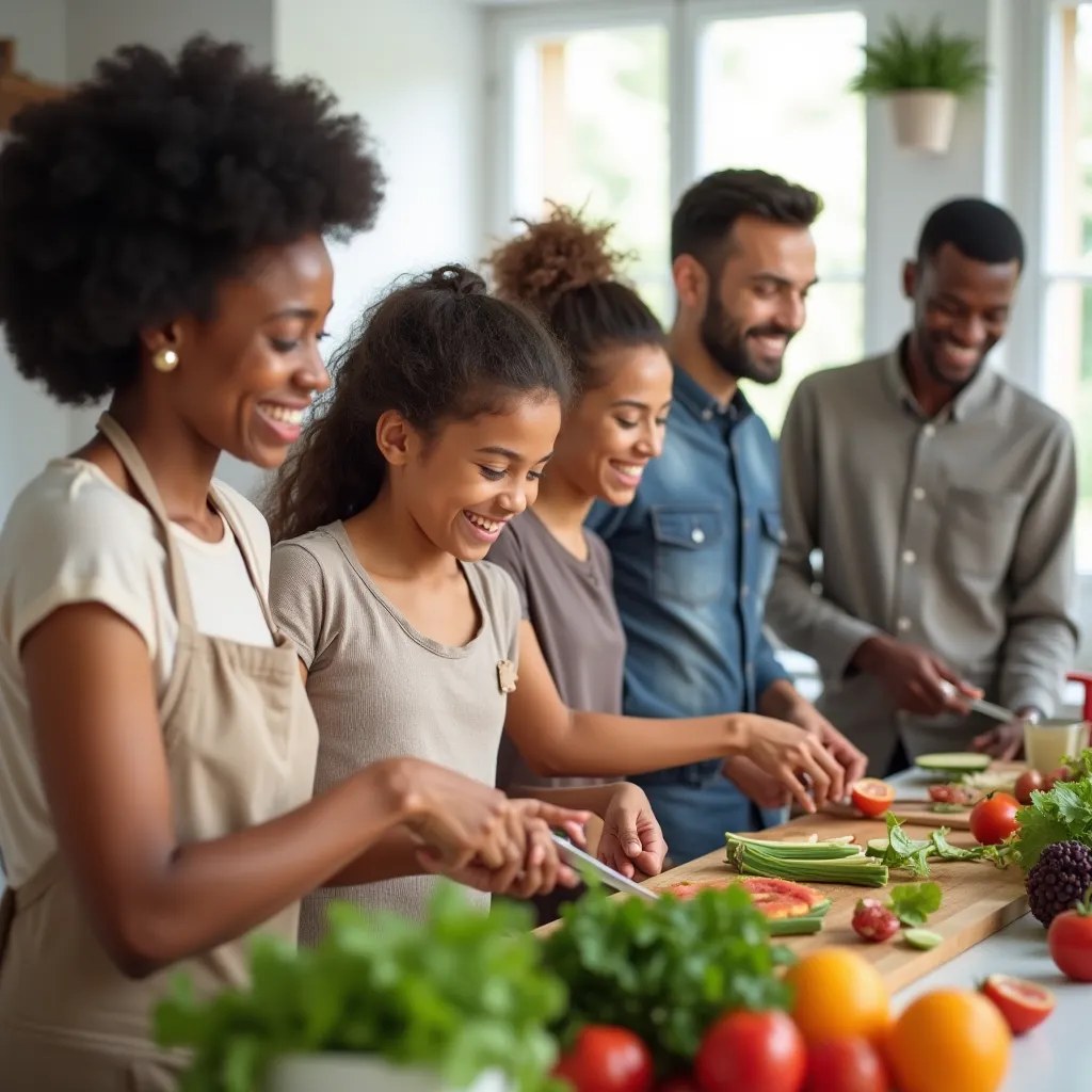 O familie fericită prepară o masă sănătoasă împreună